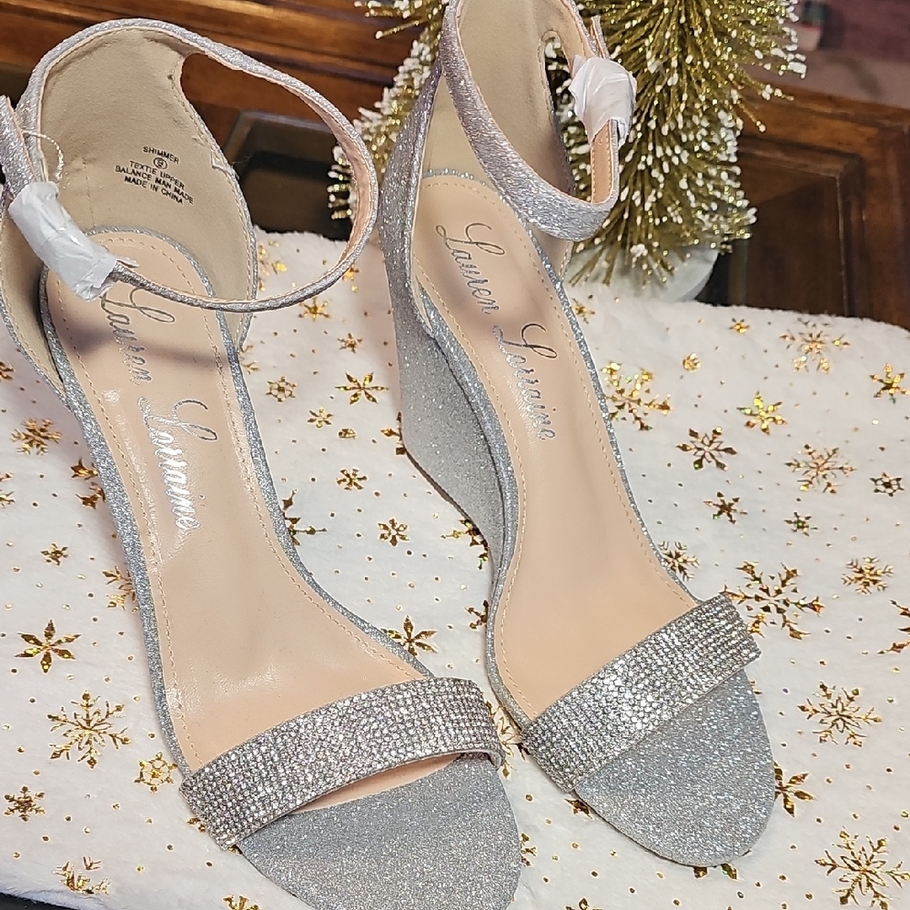 Lauren Lorraine Silver Glitter Wedge Sandals with Rhinestone Strap